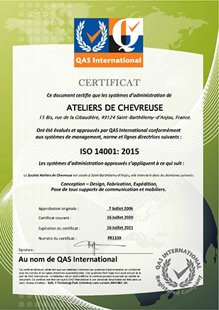 Ateliers de Chevreuse est certifiée iso 14001:2015