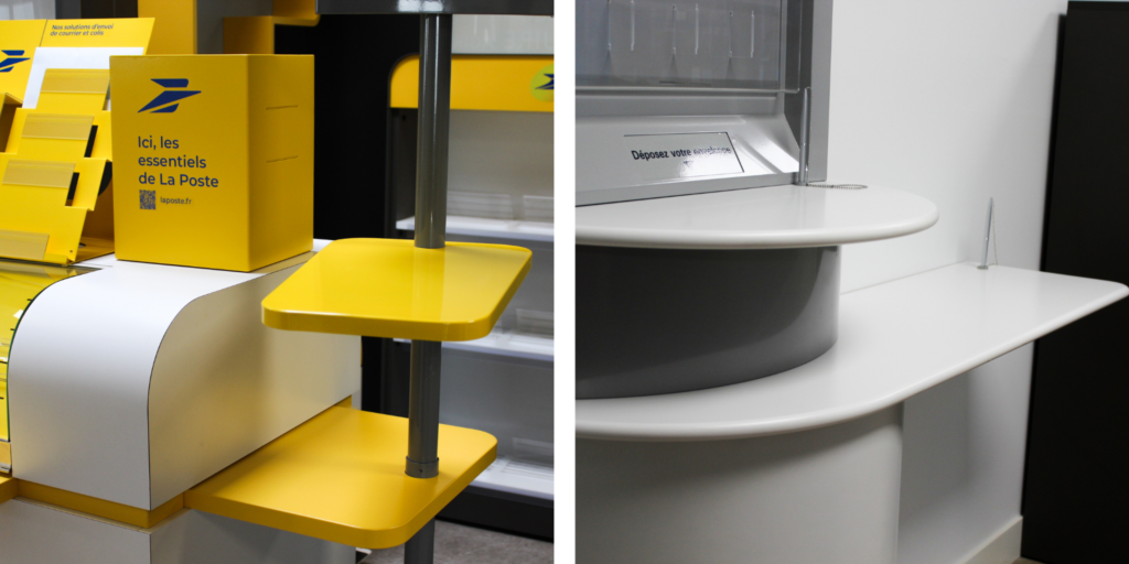 Des mobiliers La Poste et LCL avec des bords arrondis, créés par Ateliers de Chevreuse.