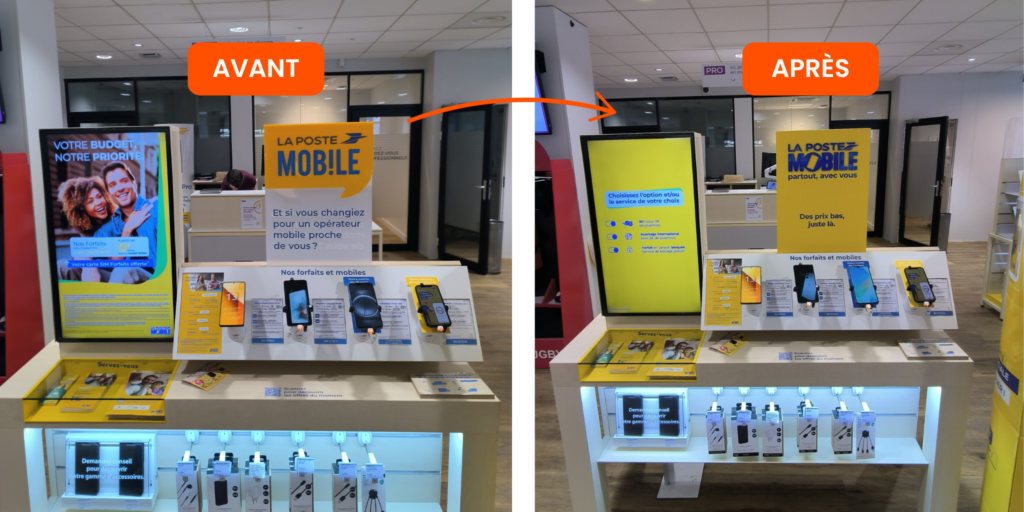 Avant/après le changement de logo La Poste Mobile sur le présentoir téléphones