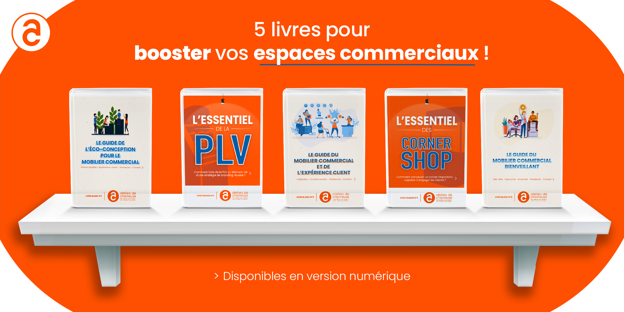 La collection de livres blancs et oranges d'Ateliers de Chevreuse.