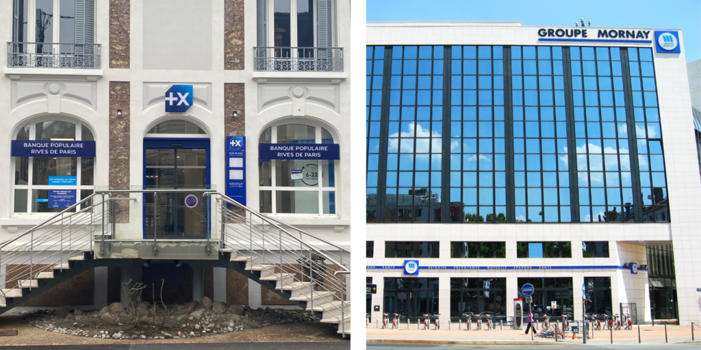 Enseignes extérieures de la Banque Populaire Rives de Paris et du Groupe Mornay