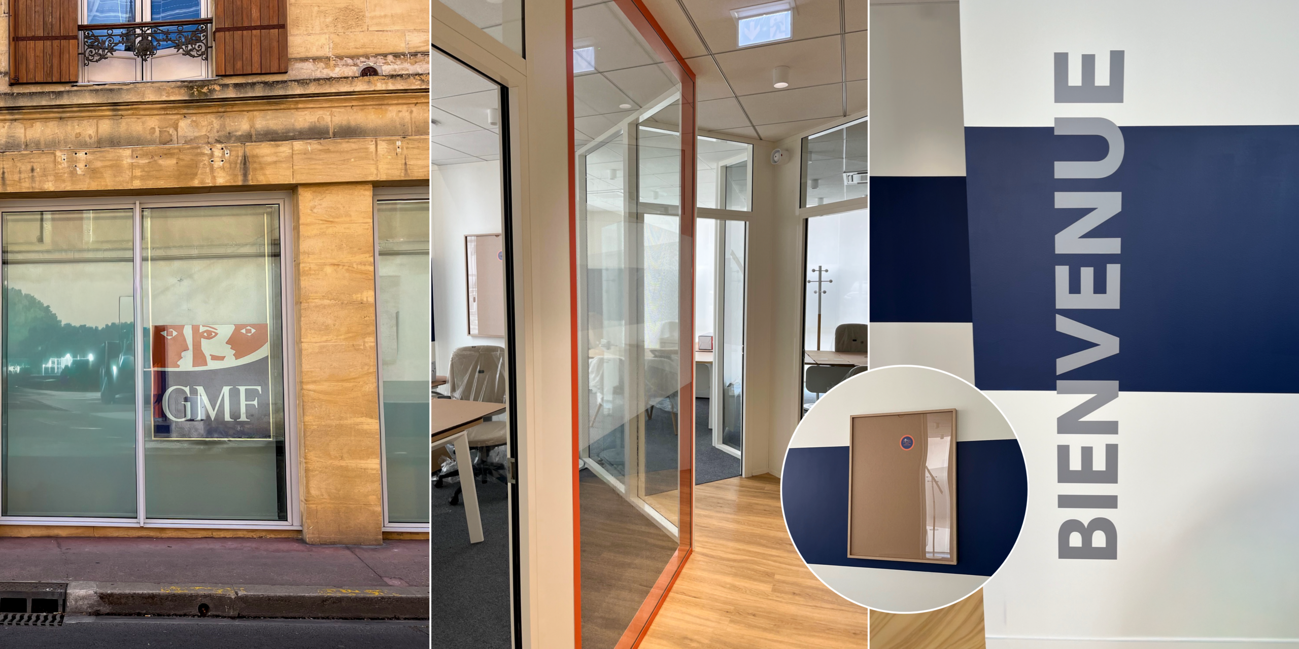 Porte-affiche lumineux, vitrophanie, porte-affiche mural et adhésifs : autant de solutions qui donnent vie à l'identité visuelle de la GMF eu sein de ses agences. 